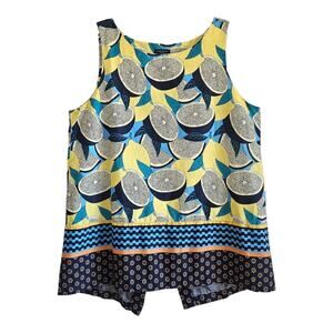 ANN TAYLOR Women M Sleeveless Blouse Top Fruit Lemons Yellow Blue Split Back 38"